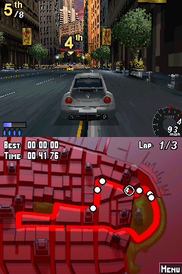 Asphalt: Urban GT (Nintendo DS) screenshot: Each racer's position is shown above their car.