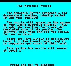 Nowotnik Puzzle (Oric) screenshot: Instructions part 1