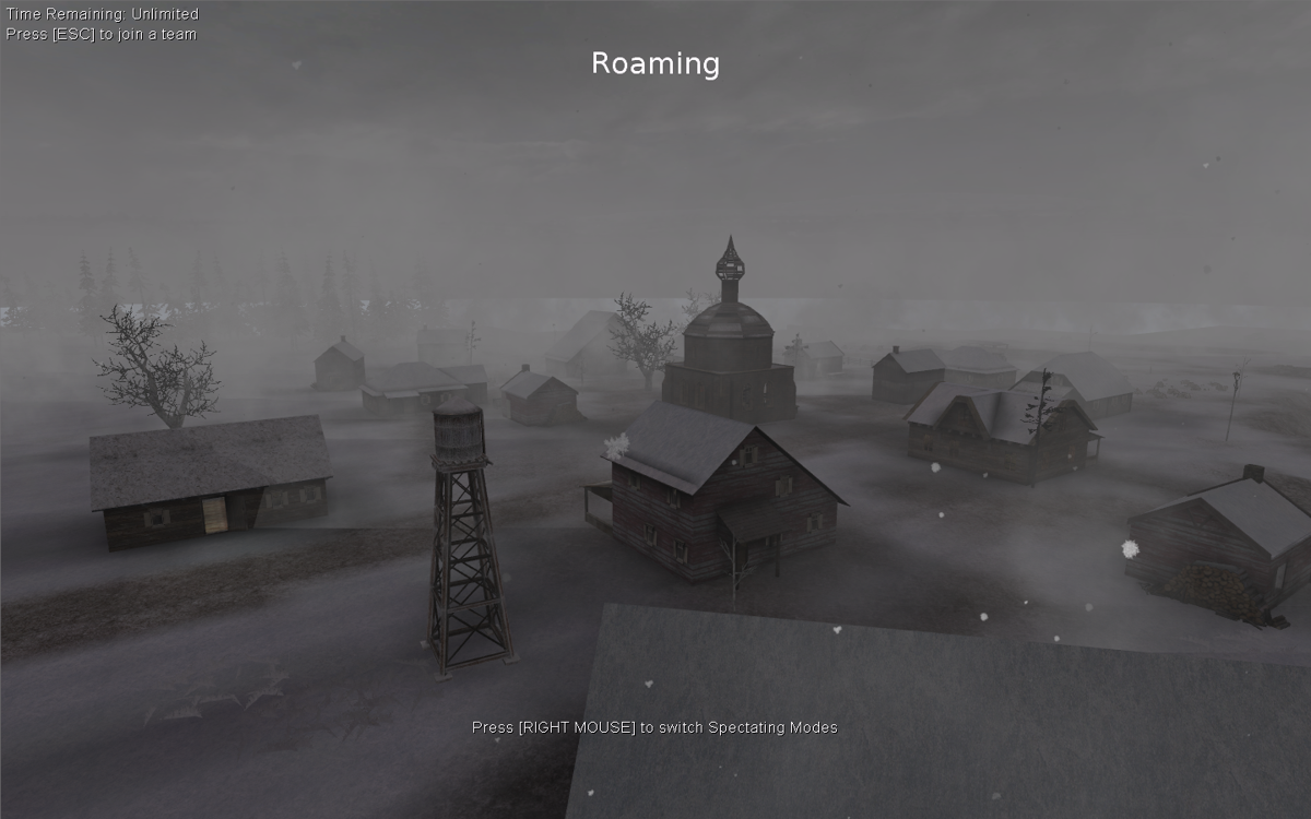 Darkest Hour: Europe '44-'45 (Windows) screenshot: A typical (?) Russian village in the winter. The water tower would be frozen solid, unless it's filled with Vodka.