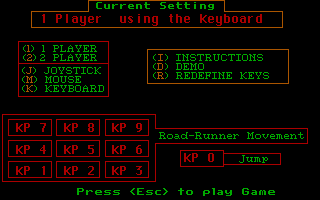 Road Runner (DOS) screenshot: Setting Menu (CGA)