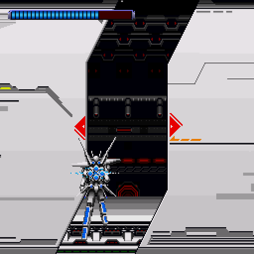 Knight Arms: The Hyblid Framer (Sharp X68000) screenshot: Entering a side-scrolling stage
