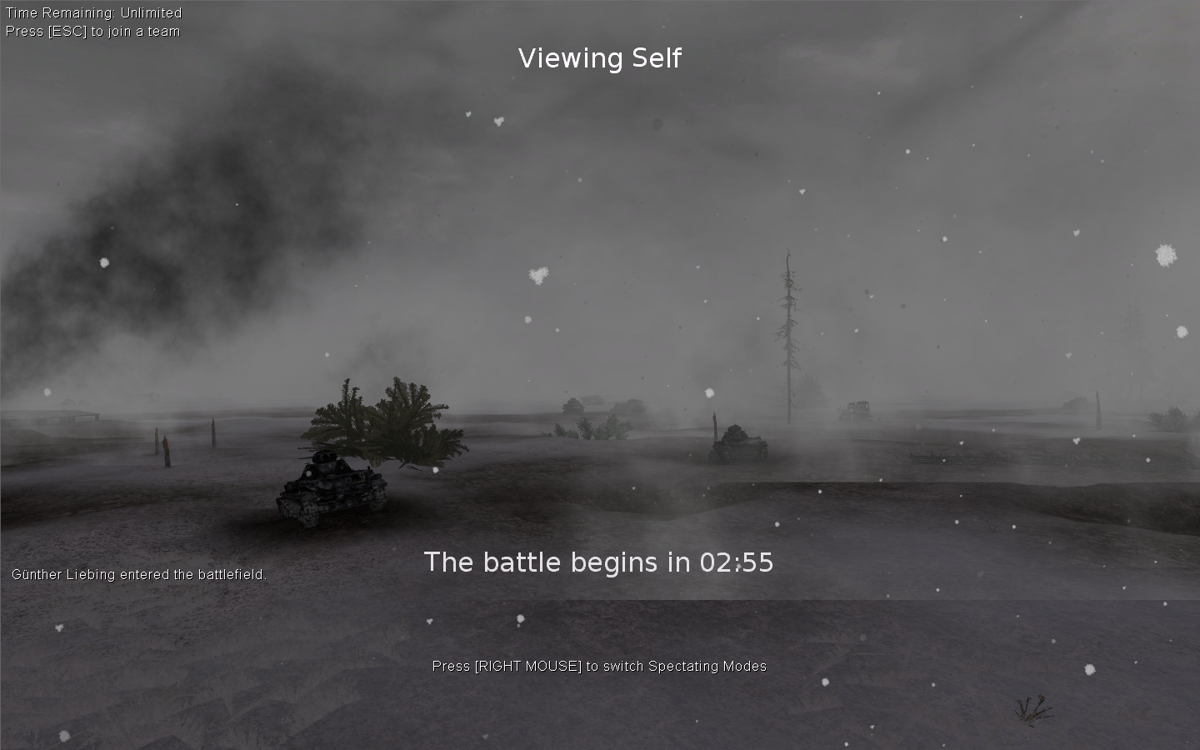 Darkest Hour: Europe '44-'45 (Windows) screenshot: As a soldier, you are dropped on a spawnpoint of your choice, though here I am only spectating on the empty map.