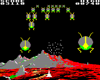 Attack on Alpha Centauri (BBC Micro) screenshot: Third wave - more bugs attack for each wave