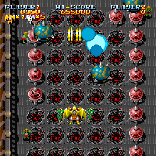 Sorcer Striker (Sharp X68000) screenshot: Destroying pesky turrets one by one