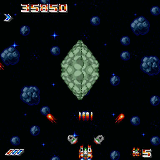 Last Battalion (Sharp X68000) screenshot: Reclusive boss in an asteroid field