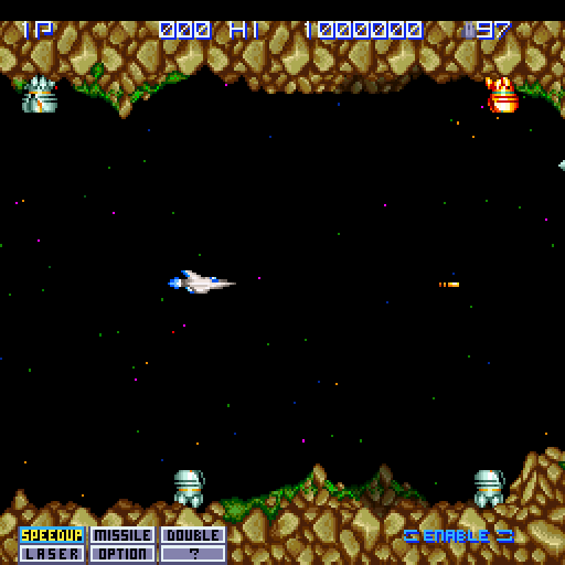 Nemesis '90 Kai (Sharp X68000) screenshot: Treacherous turrets