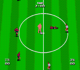 Tecmo World Cup Super Soccer (TurboGrafx CD) screenshot: Kick off. The blinking player is the ony the player currently controls