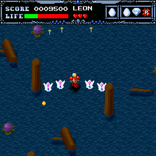 Undead Line (Sharp X68000) screenshot: Crossing a river. Wingmen do the job