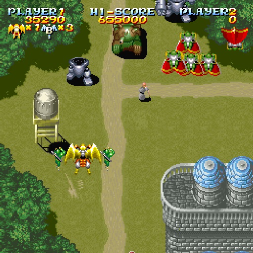 Sorcer Striker (Sharp X68000) screenshot: Detailed backgrounds. Note the old man walking :)