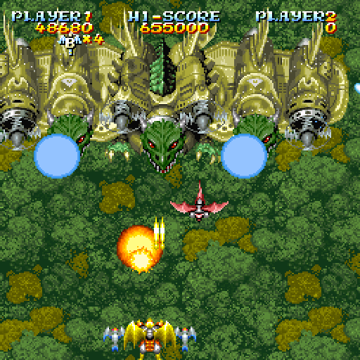 Sorcer Striker (Sharp X68000) screenshot: Three-headed dragon boss