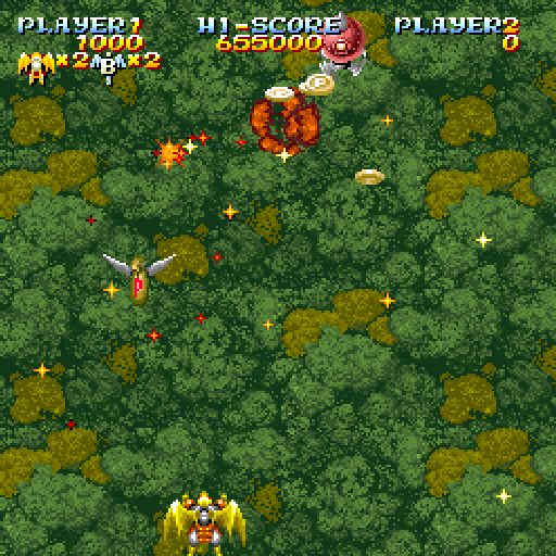 Sorcer Striker (Sharp X68000) screenshot: Ahh, nice weather... power-ups... flying crazy guys...