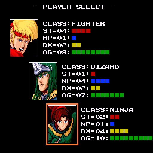 Undead Line (Sharp X68000) screenshot: Character selection