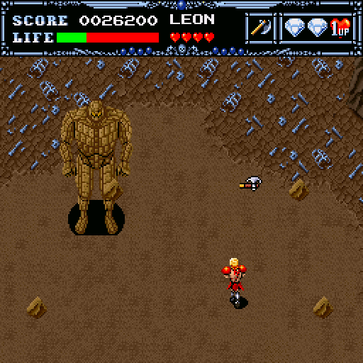 Undead Line (Sharp X68000) screenshot: Boss battle. I throw axe in the wrong direction