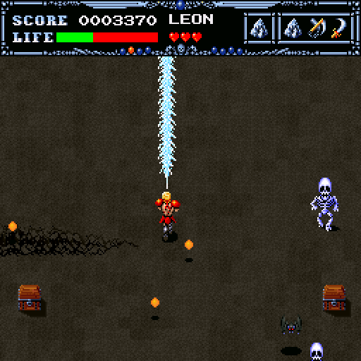 Undead Line (Sharp X68000) screenshot: Powered-up ice spell. Skeletons and treasure chests