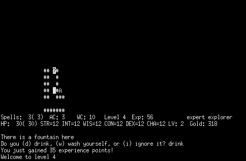 Larn (Linux) screenshot: Finding a fountain on floor 2. I am granted free experience points.