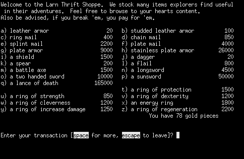 Larn (Linux) screenshot: Checking out the DND store. This place is well stocked.