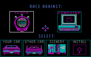 Test Drive II Scenery Disk: California Challenge (DOS) screenshot: Select Menu (CGA)