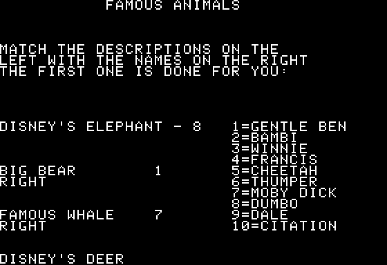 Microtrivia (Apple II) screenshot: Famous animals