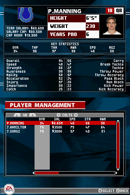 Madden NFL 2005 (Nintendo DS) screenshot: The roster screen gives you information about every player in the NFL.