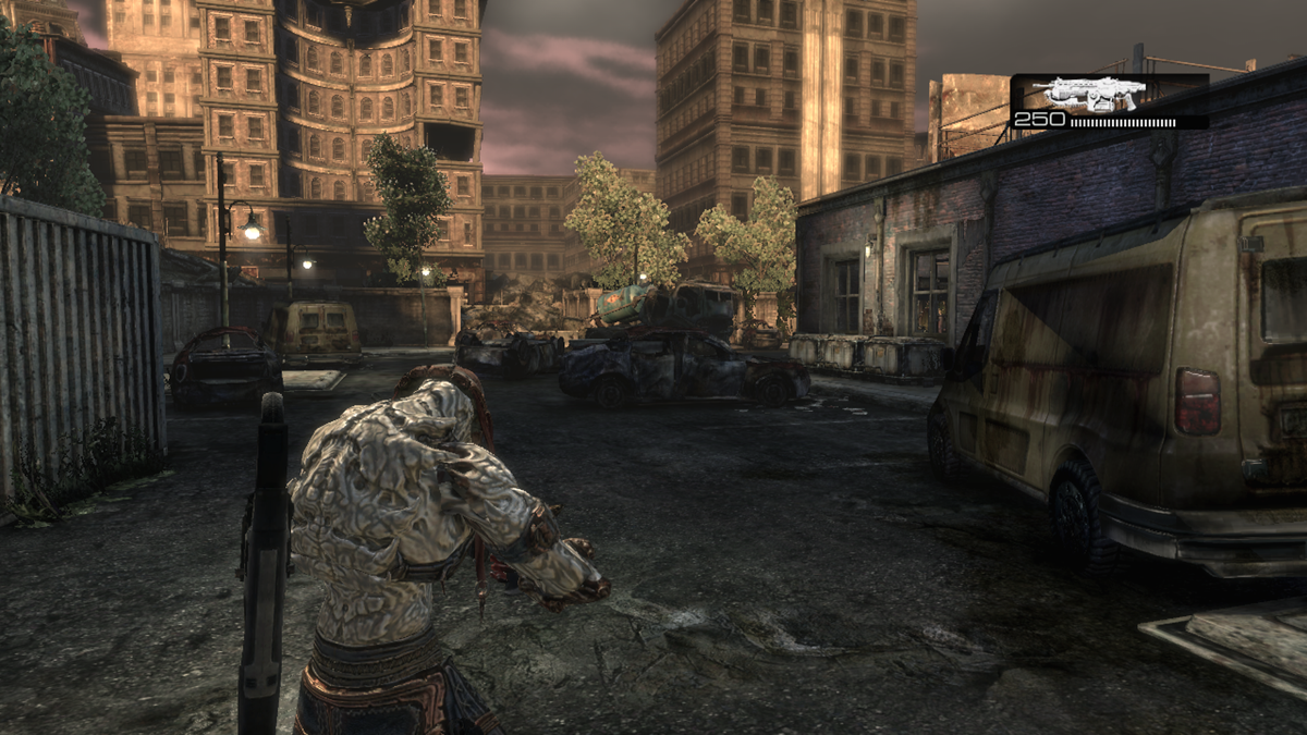 Gears of War 2: Combustible Multiplayer Map Pack (Xbox 360) screenshot: Fuel Station - Walking down a street riddled with broken cars