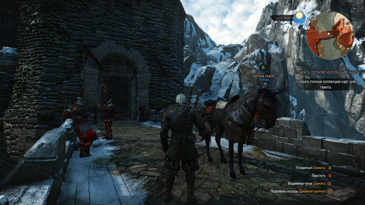 The Witcher 3: Wild Hunt - Skellige Armor Set (Windows) screenshot: Geralt and his horse in full Skellige armor set