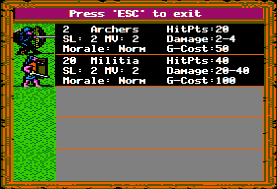 King's Bounty (Apple II) screenshot: Viewing your army.