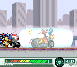 Gekisō Sentai Carranger: Zenkai! Racer Senshi (SNES) screenshot: One of the power-ups is that bazooka