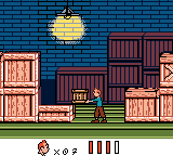 Tintin: Le Temple du Soleil (Game Boy Color) screenshot: The designers really overused the elemental, clichéd crate-platform puzzles in this section.