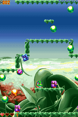 Bubble Bobble Revolution (Nintendo DS) screenshot: While the new backgrounds are nice and colorful, they do more harm than good, as characters tend to get lost on screen.