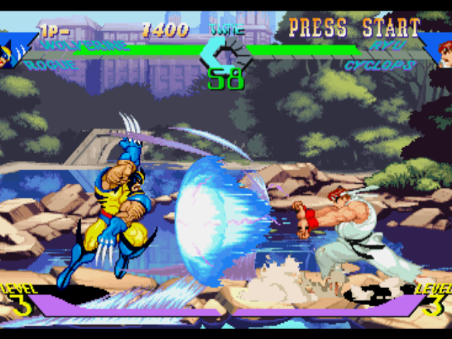 X-Men vs. Street Fighter (PlayStation) screenshot: Ryu uses his Hadouken against Wolverine, aiming to finish successfully his claw-based Strong Punch.