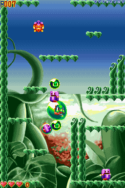 Bubble Bobble Revolution (Nintendo DS) screenshot: Holding down the fire button for an extended period of time will produce a giant bubble, which, when shot against a wall, will propel you like a rocket in an opposite direction.