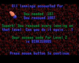 Lemmings (Acorn 32-bit) screenshot: Level 1 summary