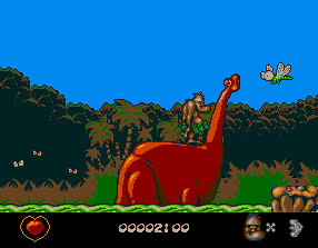 Chuck Rock (Acorn 32-bit) screenshot: Hitching a ride