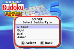 Sudoku Fever (Game Boy Advance) screenshot: Sudoku Solver