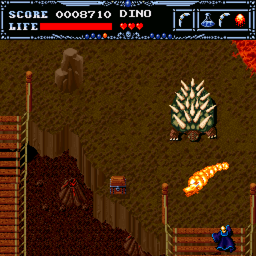Undead Line (Sharp X68000) screenshot: Wizard dies on a bridge across lava. Fiery guys and turtles are staring