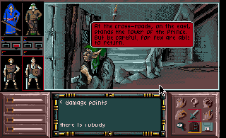 Drakkhen (Amiga) screenshot: Getting clues inside the house.