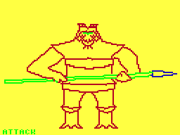 Adventure Trilogy (TRS-80 CoCo) screenshot: Attacking the second enemy