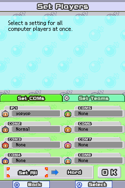 Bomberman 2 (Nintendo DS) screenshot: Battle Game - Single Player - Set Players. You can battle up to seven computer opponents.