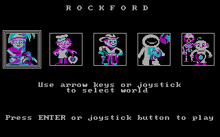 Rockford: The Arcade Game (DOS) screenshot: Main menu (CGA)