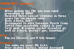 Ecks vs. Sever (Game Boy Advance) screenshot: Between missions are expositions in the form of transcript of a court hearing.