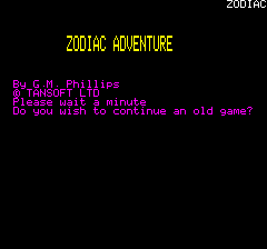 Zodiac (Oric) screenshot: Main Screen, new game or continue?