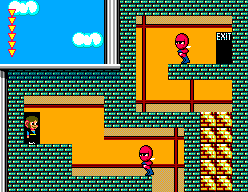 Alex Kidd in Shinobi World (SEGA Master System) screenshot: Alex says: "How am I supposed to reach the exit?"