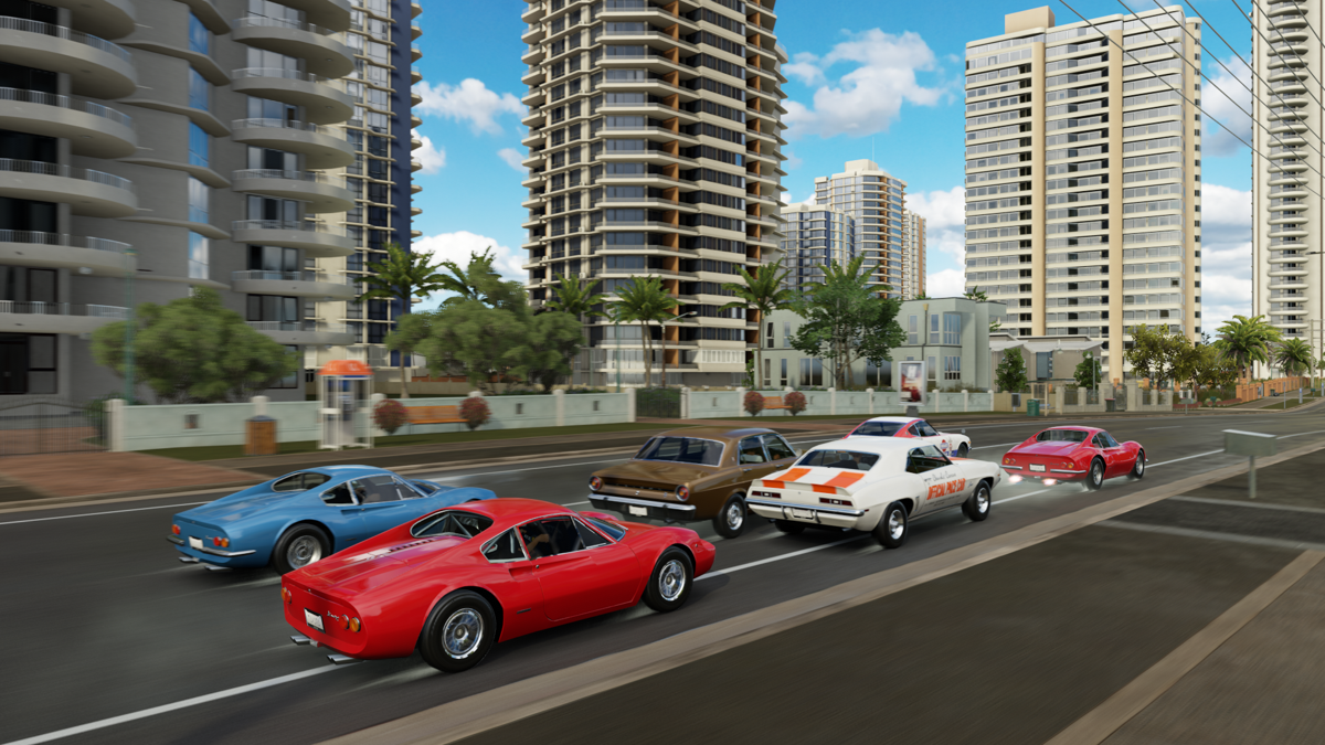 Forza Horizon 3 (Xbox One) screenshot: Vintage cars racing through Surfers Paradise