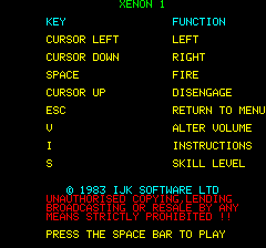 Xenon 1 (Oric) screenshot: Keys