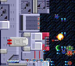 Image Fight II: Operation Deepstriker (TurboGrafx CD) screenshot: A very hard stage with a giant ship blocking the way and shooting at me