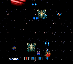 Image Fight II: Operation Deepstriker (TurboGrafx CD) screenshot: Angry-looking ships. Blue laser weapons
