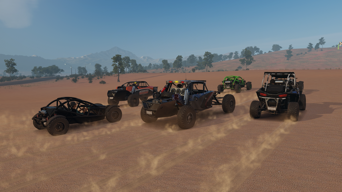 Forza Horizon 3 (Xbox One) screenshot: Racing with buggies through the Outback.