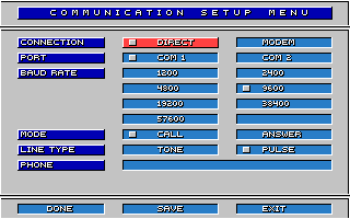 Stunt Driver (DOS) screenshot: Communication Setup Menu (VGA 16 colors)