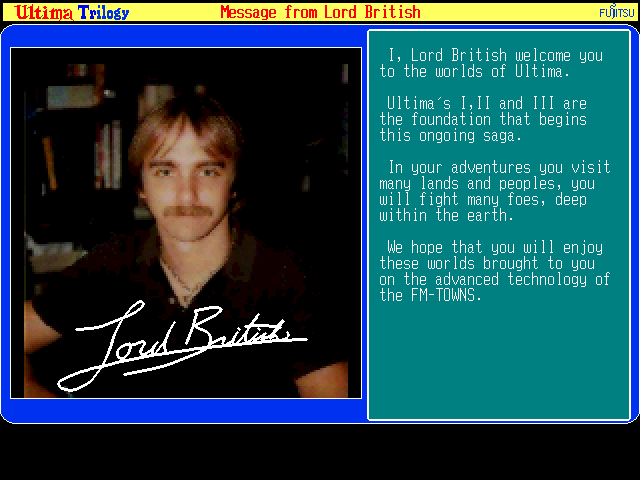 Ultima Trilogy: I ♦ II ♦ III (FM Towns) screenshot: A message from Lord British