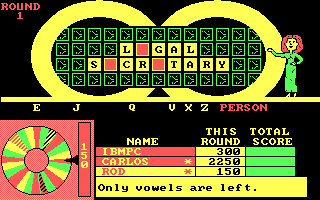 Wheel of Fortune: New Second Edition (DOS) screenshot: Only vowels are left.